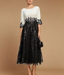 abordables -Robe de mère de la mariée A-Line robe invitée de mariage élégante vintage col bijou longueur thé en dentelle à demi-manches avec dentelle color block taille sur mesure gratuite