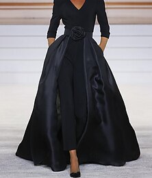 economico -Tuta con gonna sovrapposta per madre della sposa Abito elegante semplice nero V Neck strascico  strascico spazzola tessuto elastico manica 3/4 con colore solido abito da impressionare abito elastico