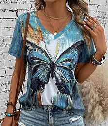 cheap -Women's T shirt Tee Butterfly Casual Daily Print Blue Short Sleeve Fashion V Neck Summer