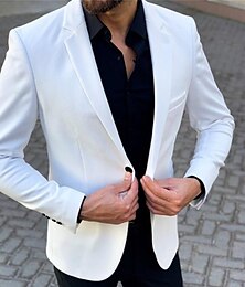 cheap -Men's Cocktail Attire Blazer Business Cocktail Party Wedding Party Fashion Casual Spring &  Fall Polyester Plain Button Pocket Casual / Daily Single Breasted Blazer White khaki