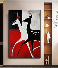 abordables -Pintura abstracta de corzo hecha a mano negro blanco rojo animal ciervo lienzo pintura arte de la pared silueta animal pintura arte de la pared decoración minimalista huevas lienzo para sala de estar