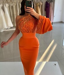 رخيصةأون -فستان سهرة بطول كاحل بتصميم متسق أنيق مع زينة خيالية طيل ك طويل بكتف واحد من الساتان مع بلورات