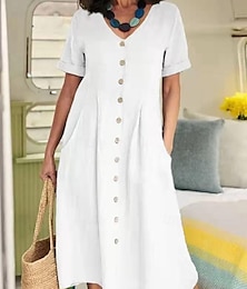 preiswerte -Damen Weißes Kleid blusenkleid Baumwoll-Leinenkleid Midikleid Taste Tasche Basic Täglich V Ausschnitt Kurzarm Sommer Frühling Armeegrün Schwarz Glatt