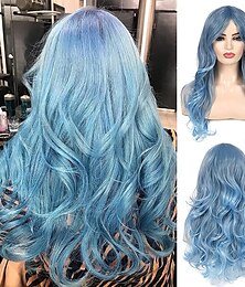 cheap -Blue Wig for Women Long Curly Wavy Pastel Blue Wig Side Part Synthetic Halloween Cosplay Wig