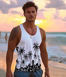 preiswerte -Herren Grafik Kokospalme Tank Top Weste Unterhemd Kurzarm T-Shirt Rundhalsausschnitt Hemd Mode Hawaiianisch Lässig Straße Täglich Strand Weiß Blau Frühling & Sommer Bekleidung S M L XL XXL 3XL