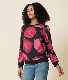 cheap -Women's Pullover Cotton Floral Valentine's Day Casual Fuchsia Romantic Casual Print Round Neck Long Sleeve Top Micro-elastic Spring &  Fall
