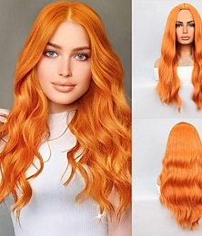 economico -Parrucca del costume cosplay Parrucche sintetiche Onda naturale Parte di mezzo Parrucca 26 pollici Arancione Capelli sintetici Per donna Arancione