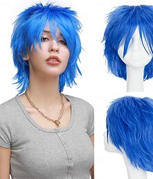 preiswerte -Frauen Männer Männliche kurze flauschige gerade Haarperücken Anime Cosplay Party Kostüm Kleid Synthetische stachelige Perücke Dunkelblau Halloween Perücken