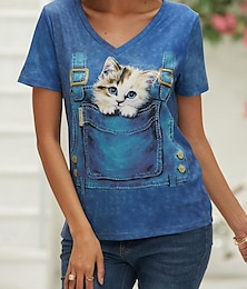 お買い得  -女性用 Tシャツ 猫 3D 日常 週末 プリント ネービーブルー 半袖 ベーシック Ｖネック