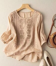 economico -Per donna Camicia Blusa Top Lungo in Cotone Top Bianco in Cotone Floreale Casual Mezza Manica Girocollo Top Regolari Uscire Ricamato Bianco Giallo Viola Cachi