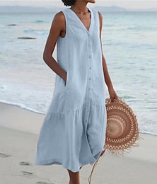 abordables -Mujer Vestido de lino de algodón Vestido de verano Vestido Midi Botón Bolsillo Casual Vacaciones Playa Escote en Pico Sin Mangas Verano Primavera Blanco Rosa Plano
