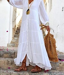 Χαμηλού Κόστους -Γυναικεία Λευκό φόρεμα Φόρεμα πουκαμίσα Καθημερινό φόρεμα Μακρύ φόρεμα Με Βολάν Κουμπί Βασικό Καθημερινά Λαιμόκοψη V 3/4 Μήκος Μανικιού Καλοκαίρι Άνοιξη Λευκό Κίτρινο Σκέτο