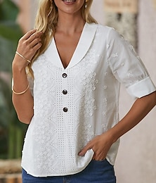 cheap -Women's Shirt Blouse White Eyelet Tops Floral Button Casual Elegant Vintage Fashion Short Sleeve Shirt Collar White