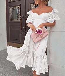 economico -Per donna Vestito bianco Vestito longuette Con balze Appuntamento Da mare Streetwear Sensuale Senza spalline Manica corta Bianco Rosa Colore