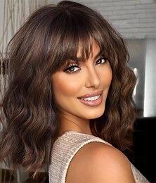 cheap -Short Wavy Brown Wig with Bangs Short Brown Highlight Bob Wigs for Women Wavy Bob Wig with Bangs Synthetic Natural Looking Wigs 14IN