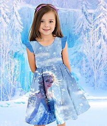 olcso -Girls ' 3D Hercegnő Fodros ruha Kék Ujjatlan 3D nyomtatás Nyár Napi aranyos stílus Édes Gyerekek 3-12 év Party ruha hétköznapi ruha Térdig érő Poliészter Normál