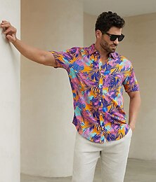 billige -Herre Tropisk Skjorte Hawaii skjorte Skjorte med knapper Kortermet Hawaiisk Fashion Casual Feriereise Daglig Hawaiisk Sommer Knaphul Trykt mønster Lilla