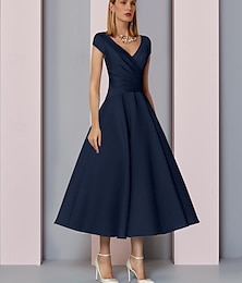 preiswerte -A-Linie Brautmutterkleid kleid hochzeitsgast Elegant V Ausschnitt Tee-Länge Charmeuse Ärmellos mit Horizontal gerüscht 2024