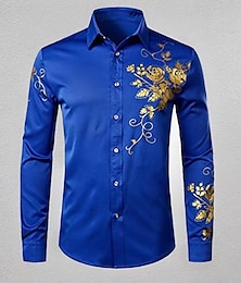 voordelige -Voor heren Overhemd met knopen Shirt met kraag Galashirt Discoshirt Zwart Wit blauw Lange mouw Bloemig Strijkijzer Lente & Herfst Bruiloft Feest Kleding Button-omlaag
