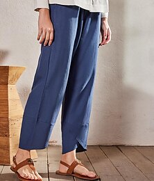 זול -בגדי ריקוד נשים צ'ינו מכנסיים רחבים פשתן כותנה כיסי צד בג'י מותן בינוני עד לקרסול כחול נייבי קיץ
