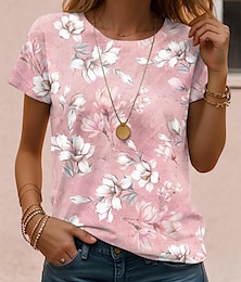 preiswerte -Damen T Shirt Blumen Lässig Kurzarm Rundhals Normale Oberteile Täglich Druck Weiß Gelb Rosa Purpur Grün Sommer
