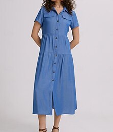 cheap -Women's Denim Shirt Dress Maxi long Dress Dark Blue Light Blue Short Sleeve Solid Color Pocket Button Spring Summer Shirt Collar Hot Casual Vintage 2023 S M L XL XXL 3XL / Loose