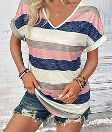 preiswerte -Damen T Shirt Gestreift Täglich Urlaub Bedruckt Fledermaus Ärmel Rosa Kurzarm Stilvoll Basic V Ausschnitt Sommer
