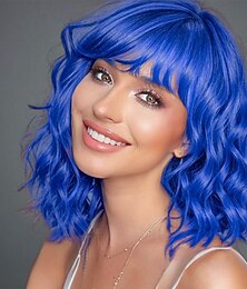 economico -parrucche ondulate blu bob per donna, parrucca sintetica con frangia per uso quotidiano parrucche di carnevale