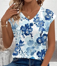 abordables -Femme T shirt Tee Imprimer Casual Vacances Imprimé Manche Courte Col V Bleu Eté