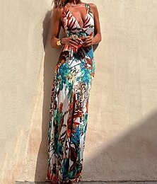 abordables -Femme robe longue Robe casual Robes bohème chic Bohême Maxi Trapèze Vacances Mince Floral Tropical Sans Manches Col V Noir Blanche Bleu Eté