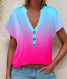 ieftine -Pentru femei Tricou Ombre Gradient de culoare Vacanță Imprimeu Galben Manșon scurt Stilat În V Vară