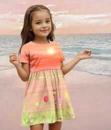 ieftine -Girls ' 3D Floral Rochie Manșon scurt Tipărire 3D Vară Drăguţ Dulce Copii 3-12 ani Rochie casual Lungime Genunchi Poliester Fit regulat