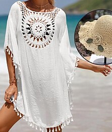 cheap -Women's Matching Sets Summer Dress Cover Up Beach Dress Hats Outfit 2pcs Beach Wear Holiday Plain Holiday Short Sleeve Summer Tassel Cut Out Crochet