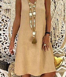 Χαμηλού Κόστους -Γυναικεία Καθημερινό φόρεμα Φόρεμα από βαμβακερό λινό Αμάνικο φόρεμα Μίντι φόρεμα Βασικό Βασικό Καθημερινά Λαιμόκοψη V Αμάνικο Καλοκαίρι Άνοιξη Μαύρο Κίτρινο Σκέτο