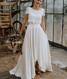 cheap -Little White Dresses Wedding Dresses Two Piece Boat Neck Cap Sleeve Asymmetrical Lace Bridal Suits Bridal Gowns With Solid Color 2024