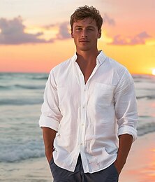 baratos -Homens Camisa Social camisa de linho camisa de botão camisa de praia Branco Manga Longa Tecido Lapela Primavera & Outono Diário Férias Roupa