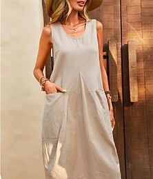 economico -Per donna Blu marino Blu Marrone Estate Primavera Abito Midi Abiti ispirati al lino Vestito Casual Vestito Canotta Essenziale Moderno Quotidiano Weekend Vestibilità comoda Semplice Girocollo