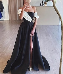 ieftine -Rochie de seară A-Line Rochie elegantă formală pentru petrecere lungime până la podea fără mâneci umeri descoperiți satin cu drapaj slit