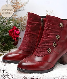 abordables -Botines vintage de piel roja para mujer: piel de vacuno de primera calidad con detalles de botones florales y tacón grueso para un estilo retro y para uso diario