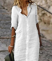 cheap -Women's White Dress Shirt Dress Casual Dress Mini Dress Button Basic Daily Shirt Collar 3/4 Length Sleeve Summer Spring Black White Plain