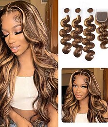 billige -p4/27 highlight body wave 3/4 menneskehår bundter med 4x4 hd blonde lukning færdigplukket brasiliansk remy hair extension