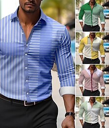 cheap -Stripe Men's Business Casual 3D Printed Shirt Outdoor Wear to work Daily Wear Spring & Summer Turndown Long Sleeve Blue Purple Light Blue S M L 4-Way Stretch Fabric Shirt