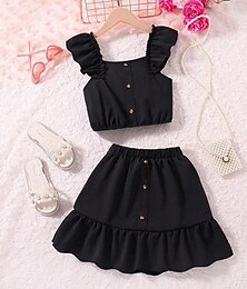 cheap -2 Pieces Kids Girls' Solid Color Dress Suits Set Sleeveless Fashion School 7-13 Years Summer Black White Pink