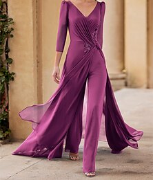 abordables -Combinaison  pantalon mère de la mariée invitée de mariage formelle Élégante décolleté droit décolleté en V longueur sol en chiffon manches 3/4 avec fronces volantes taille personnalisée gratuite