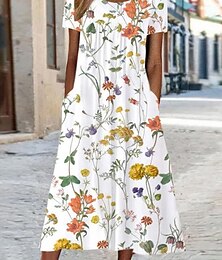 Χαμηλού Κόστους -Γυναικεία Καθημερινό φόρεμα Φόρεμα σε γραμμή Α Καλοκαιρινό φόρεμα Φλοράλ Τσέπη Στάμπα Στρογγυλή Ψηλή Λαιμόκοψη Μίντι φόρεμα Διακοπές Κοντομάνικο Καλοκαίρι