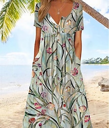 cheap -Women's Casual Dress A Line Dress Floral Leaf Print Crew Neck Midi Dress Vacation Short Sleeve Summer