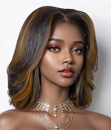 cheap -13x4 Bob Wig Human Hair Lace Front Wigs for Black Women Lace Brown Blonde Highlights Wigs Pre Plucked 200% Density  Wigs Human Hair Loose Body Wave Short Bob Wig Brazilian