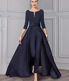 preiswerte -Jumpsuit Mutter der Braut formelle Hochzeitsgast elegantes abnehmbares V-Ausschnitt bodenlang Satin 3/4 Länge Ärmel mit Band  Schleife