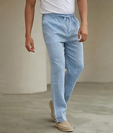 preiswerte -100% Leinen Herren Leinenhosen Hose Freizeithose Kordelzug Elastischer Bund Gerader Schnitt Einfach Komfort Atmungsaktiv Lässig Täglich Ferien Mode Klassicher Stil Marineblau Blau