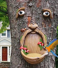 economico -Mangiatoia per uccelli in resina ornamento per il viso dell'albero, mangiatoia per cibo per uccelli artistica da giardino unica per decorazioni da giardino all'aperto